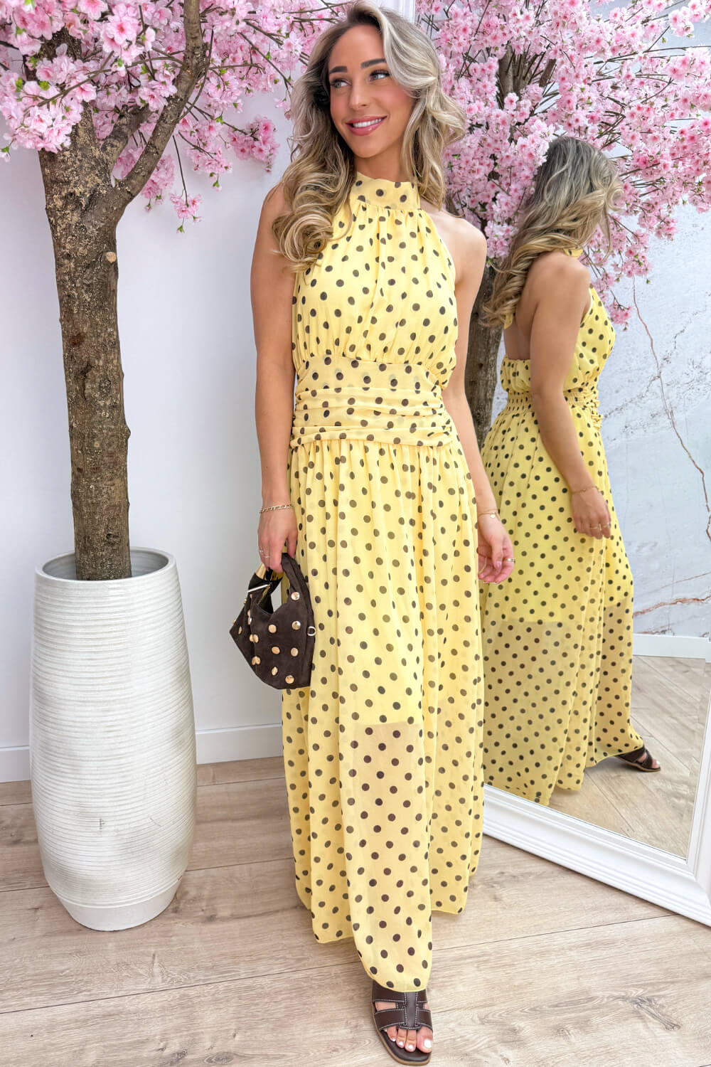 Polkadot halter maxi dress - Geel