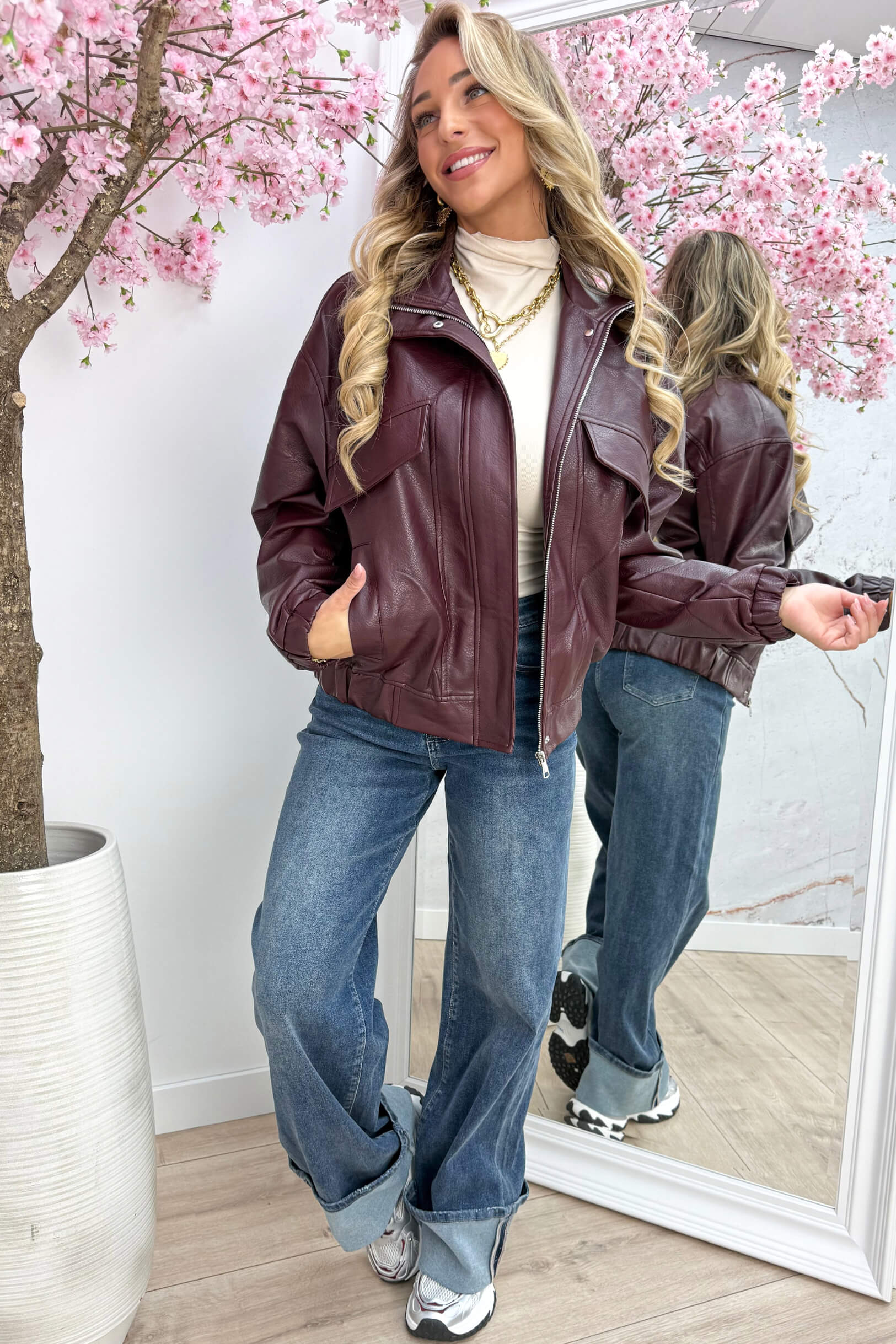 Oversized leather look jacket - Bordeaux