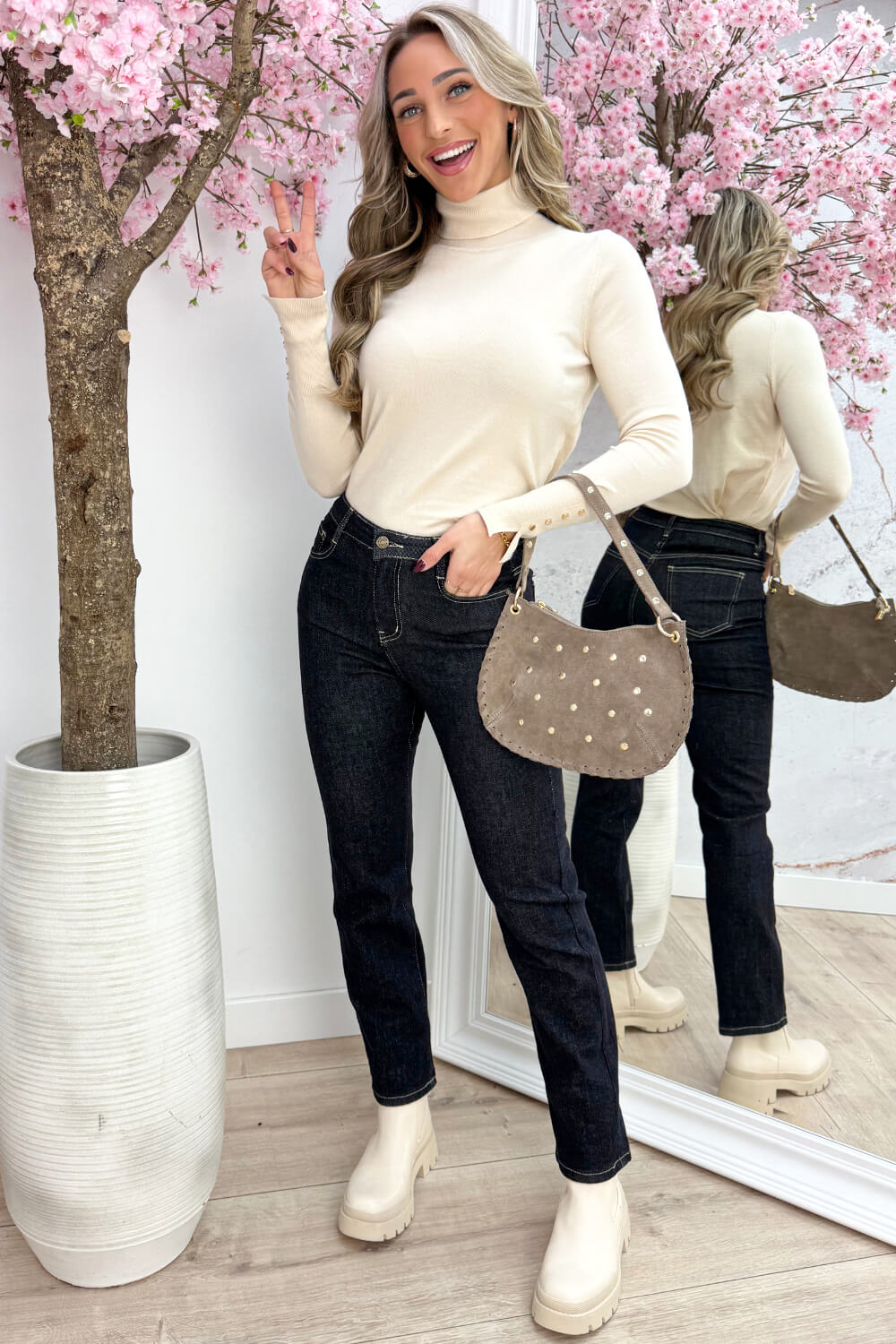 Gold button coll topje - Beige