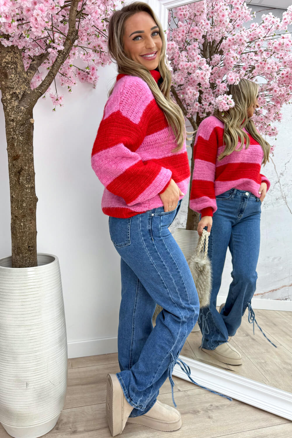 Snow is falling stripe coll trui - Fuchsia