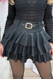 Leather look layered skort - Zwart