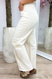 Embroidery bloom straight leg jeans - Beige