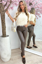 Sparkling feather topje - Lt. beige