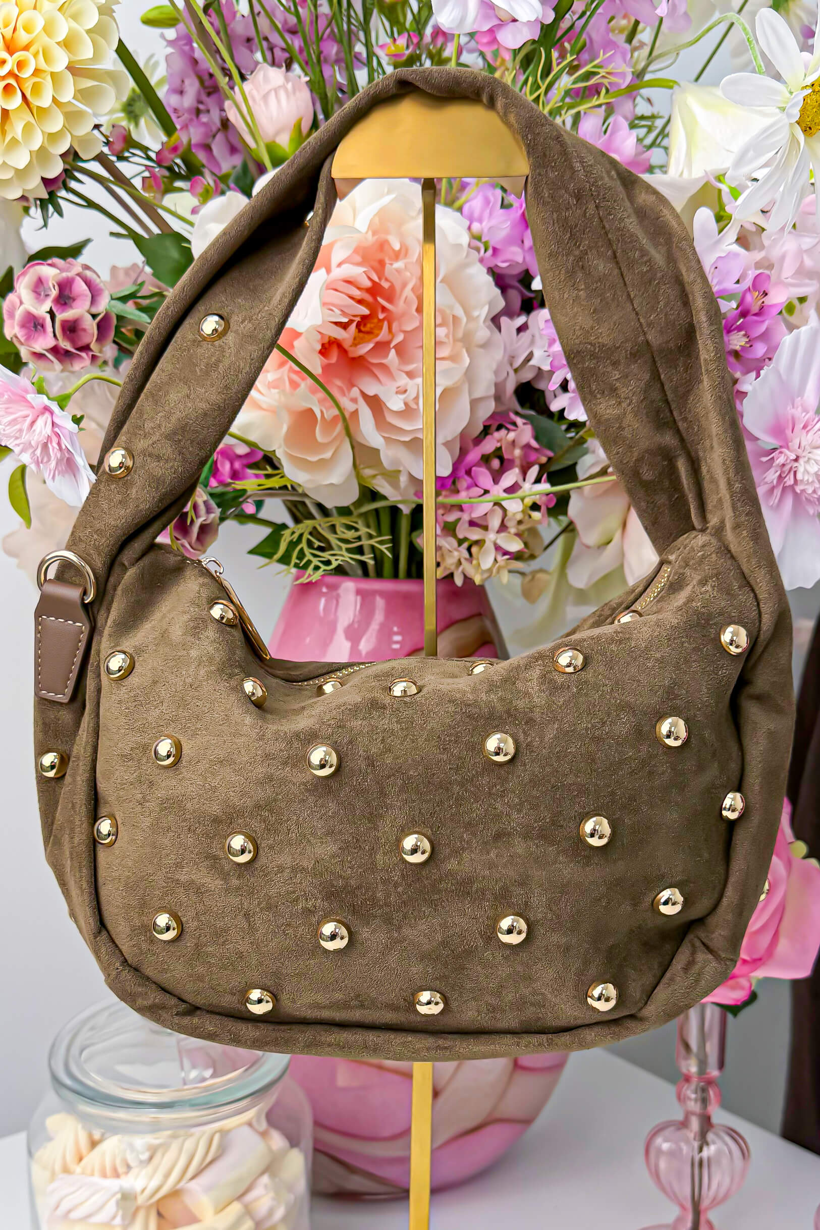 Suede stud bag - Taupe