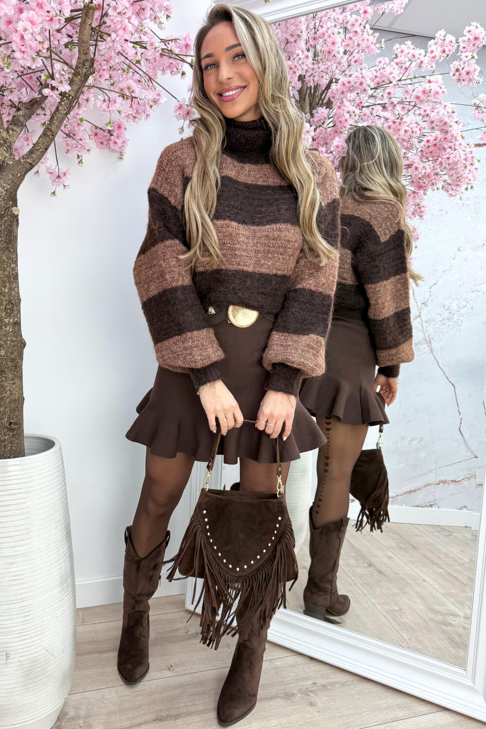 Snow is falling stripe coll trui - Bruin