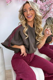 Brown striped puff sweater - Bordeaux