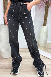 Silver hearts bow jeans - Dk. grijs