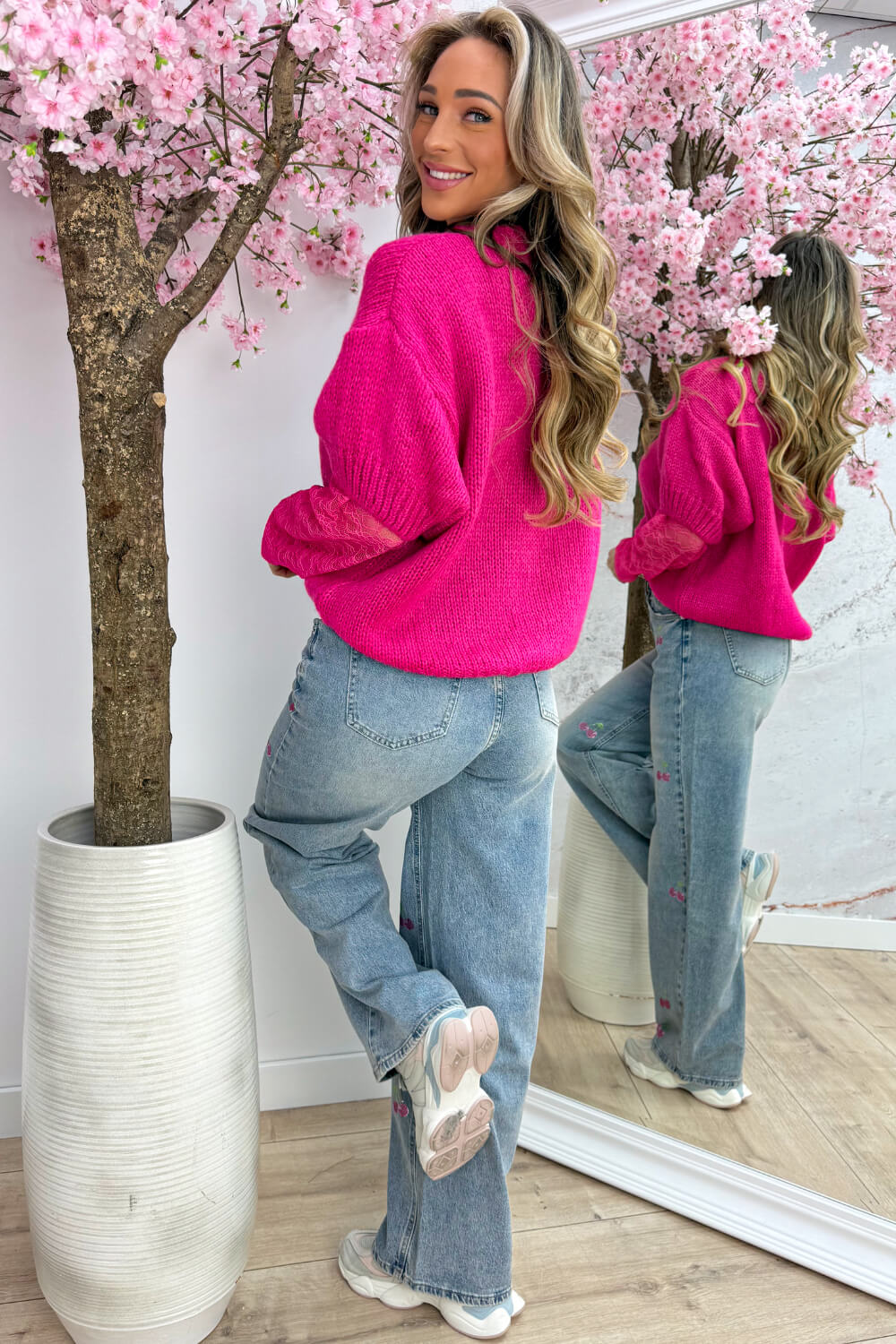 Lace sleeve trui - Fuchsia