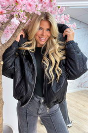 Puffy season leather look winterjas - Zwart