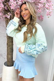 Bloomy embroidery stripe trui - Mint