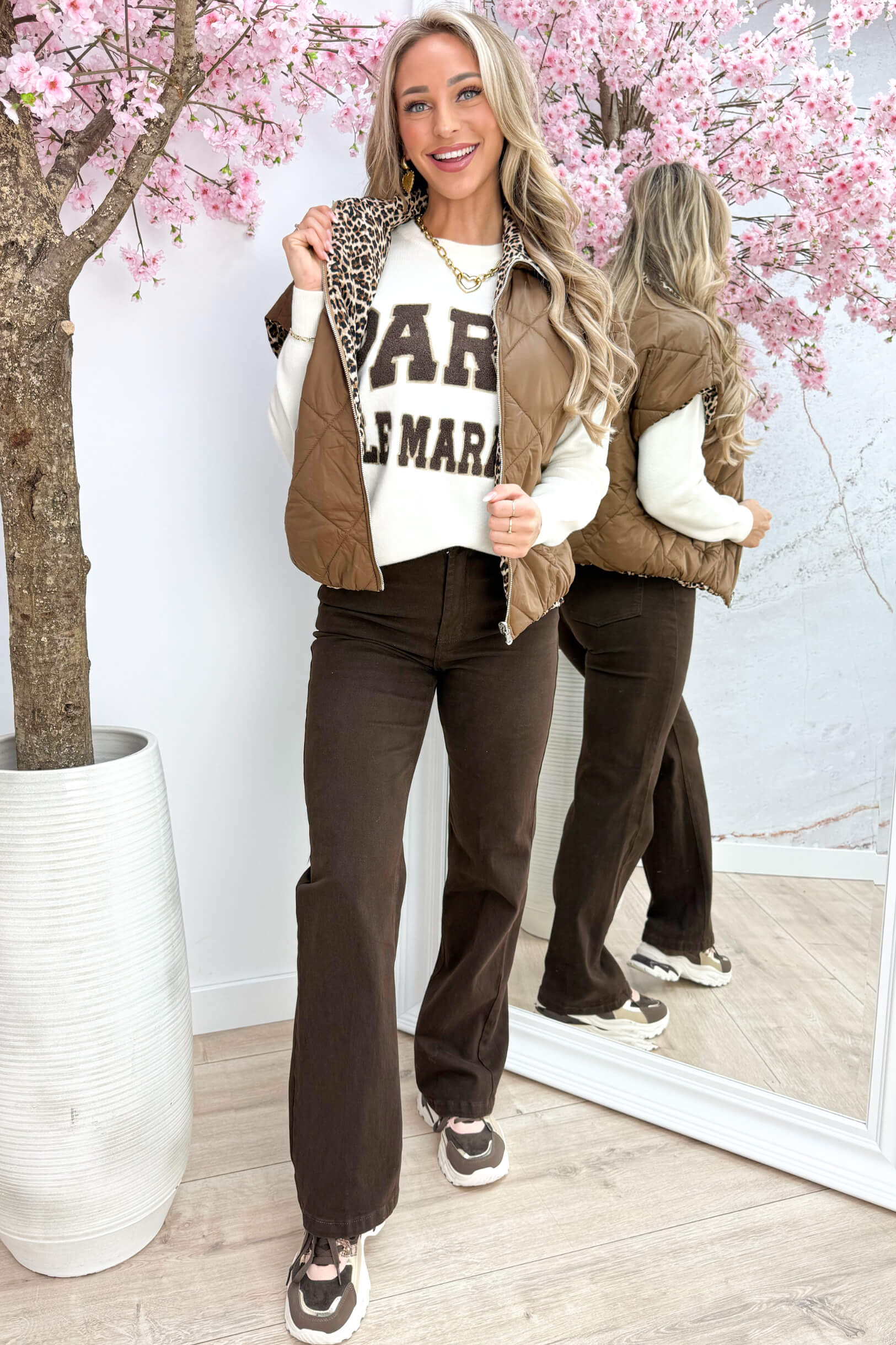 Reversible leopard bodywarmer - Bruin