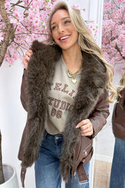 Furry leather look jacket - Bruin
