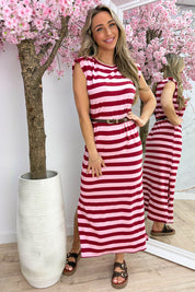 Statement stripe dress (Incl. riem) - Bordeaux