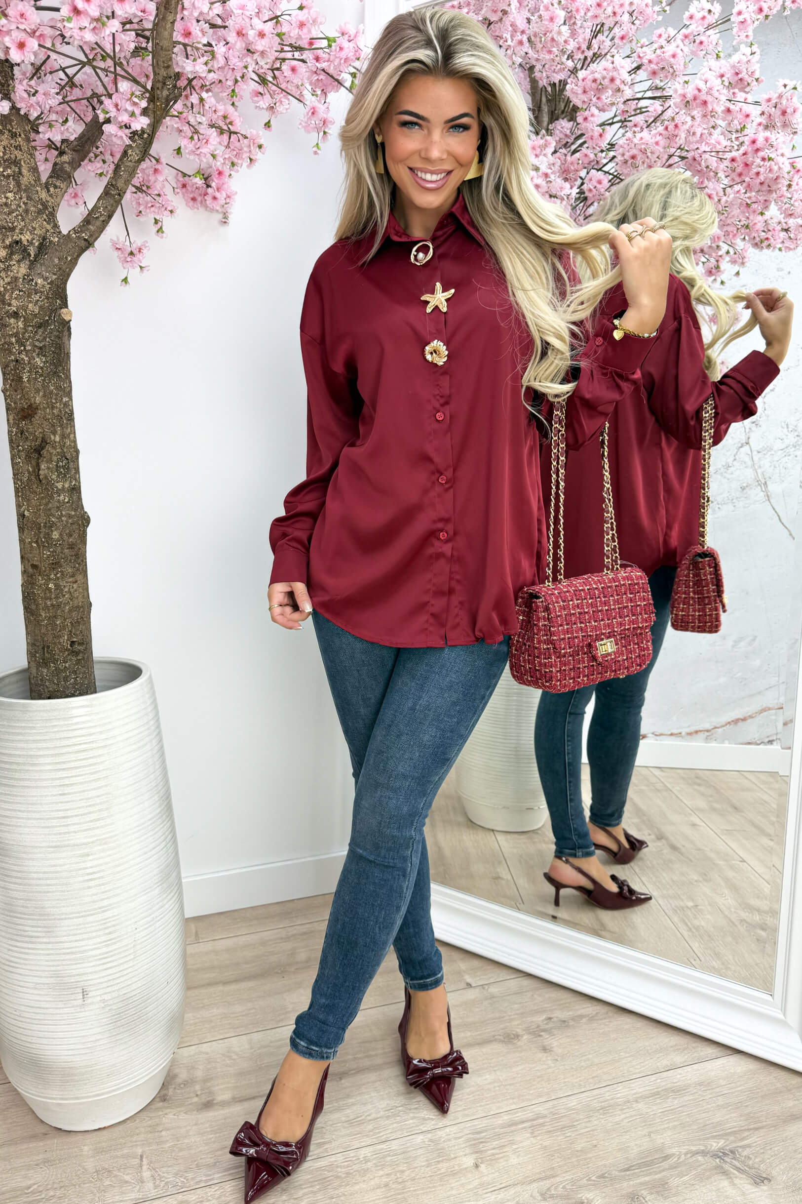 Golden party broches blouse - Bordeaux