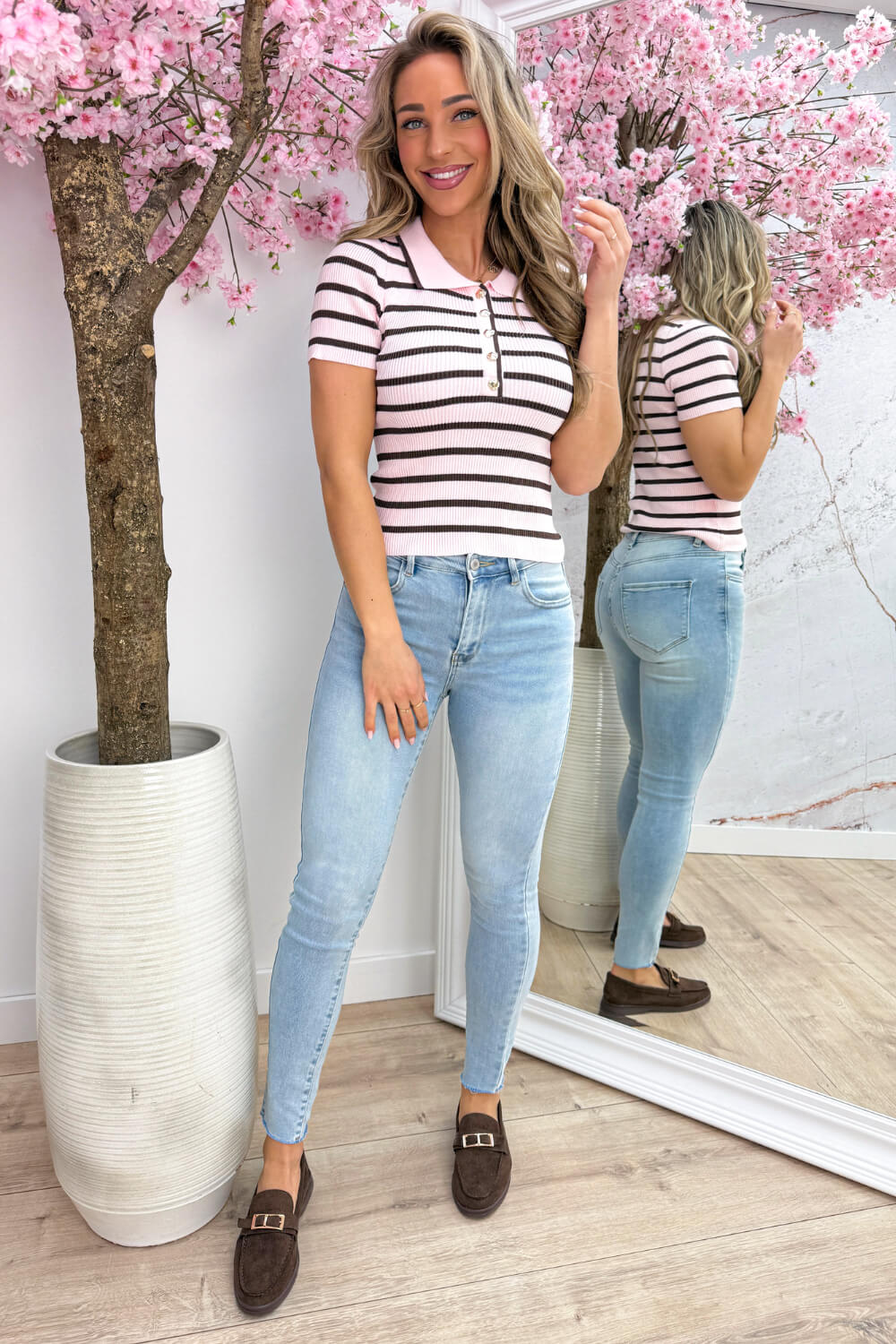 Gold button striped topje - Bruin