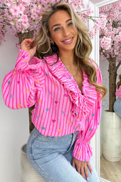 Sweet heart stripe cotton topje - Fuchsia