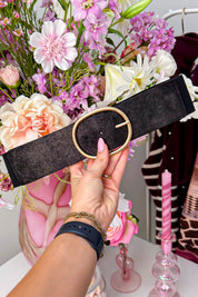 Suede look glitter stretch riem - Zwart