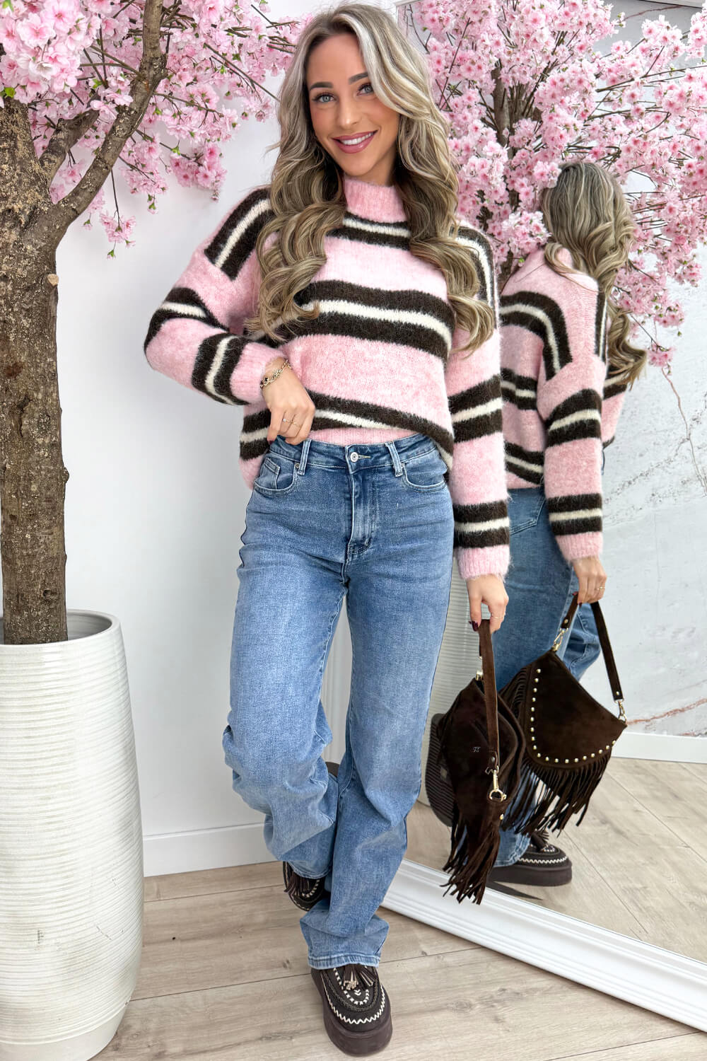 Let it snow stripe trui - Roze